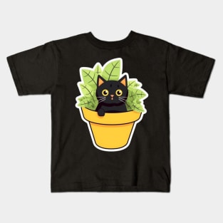 Catnip Cartoon Cat Tee: Minimalist Pot with Cute Black and White Kitty Kids T-Shirt